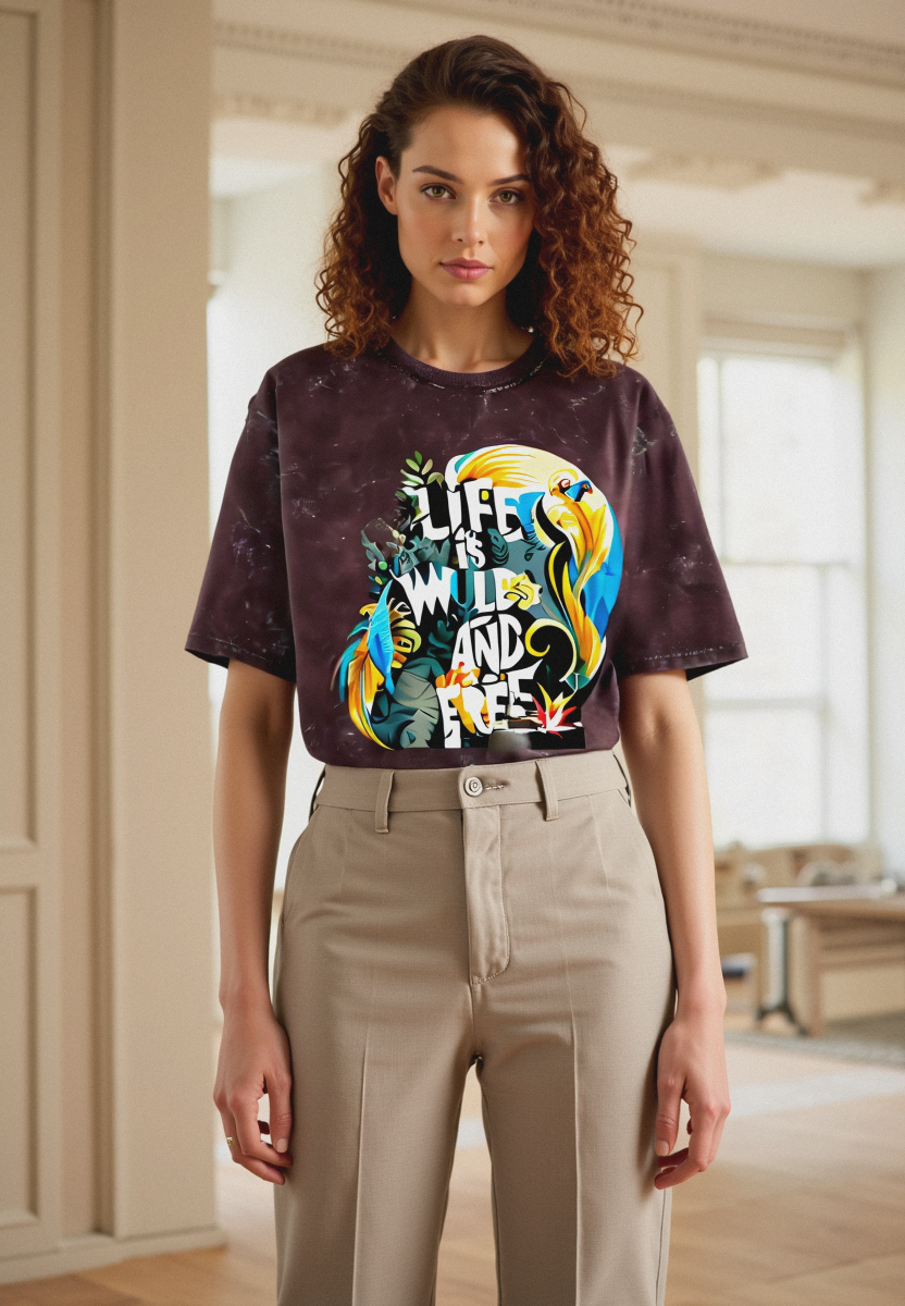 "Life is Wild and Free" Graphic Acid Wash Unisex Oversized T-Shirt