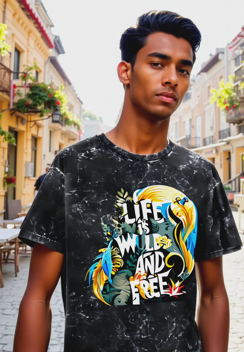 "Life is Wild and Free" Graphic Acid Wash Unisex Oversized T-Shirt