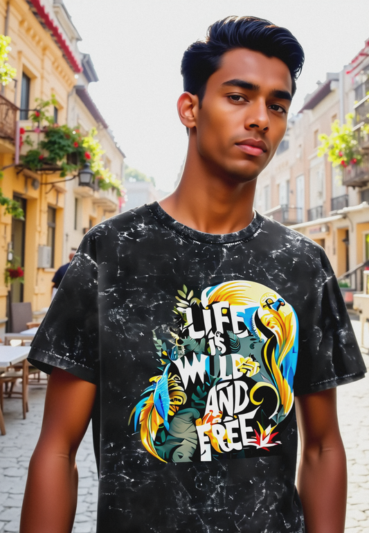 "Life is Wild and Free" Graphic Acid Wash Unisex Oversized T-Shirt