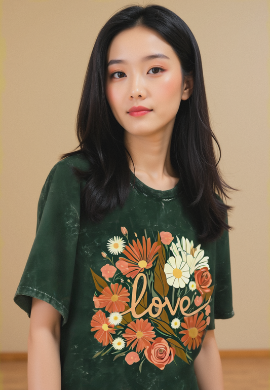 Floral T-Shirt, Retro Wildflower Graphic Tee, Acid Wash Unisex Oversized Tee