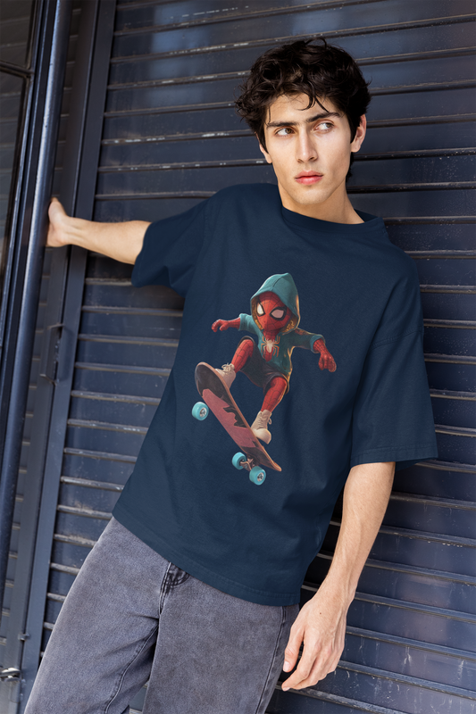 Graphic Oversized T-Shirt with Skateboarding Superhero Print