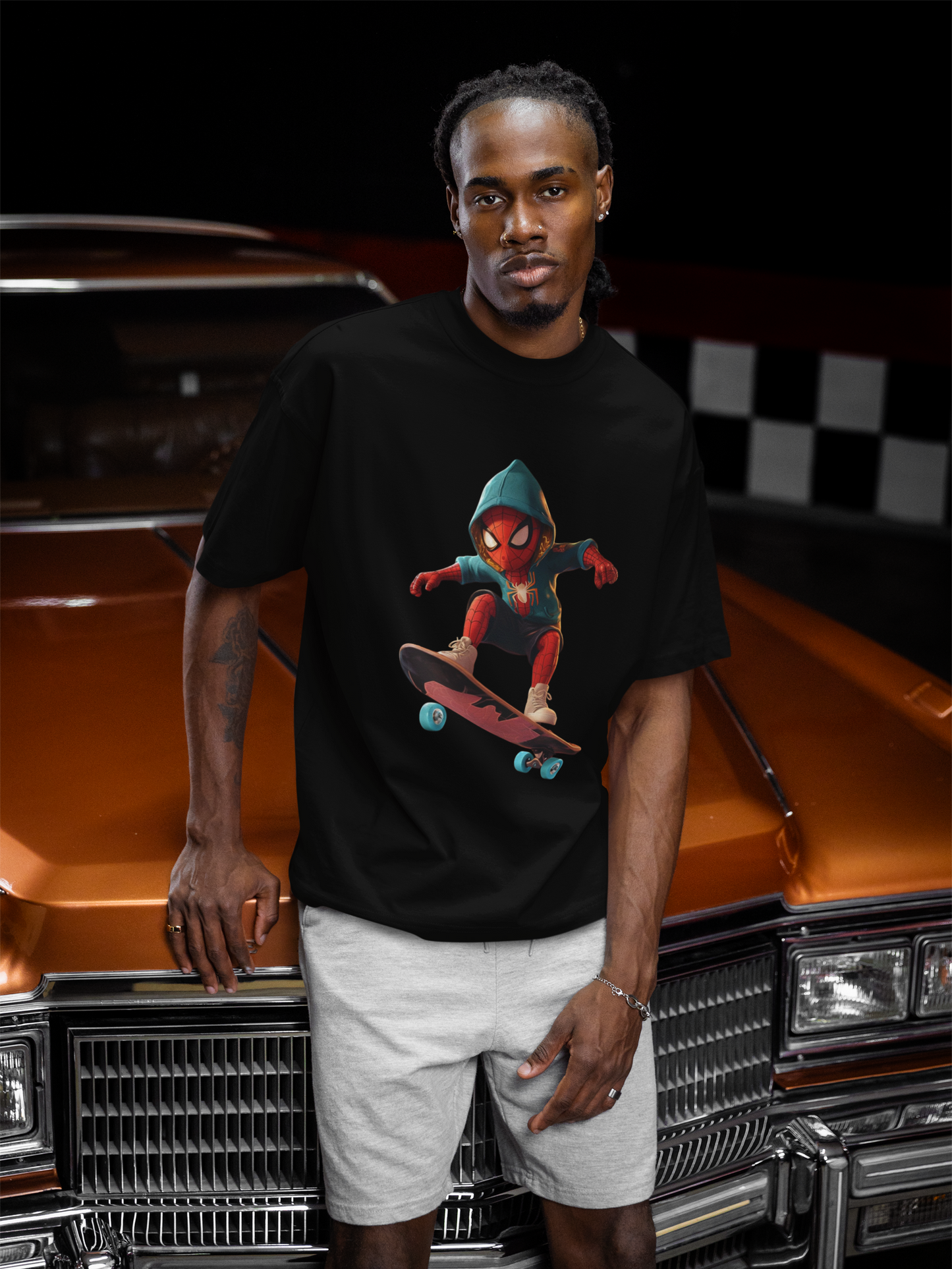 Graphic Oversized T-Shirt with Skateboarding Superhero Print
