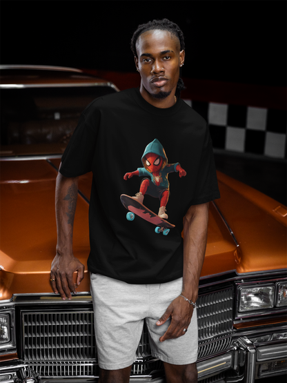 Graphic Oversized T-Shirt with Skateboarding Superhero Print