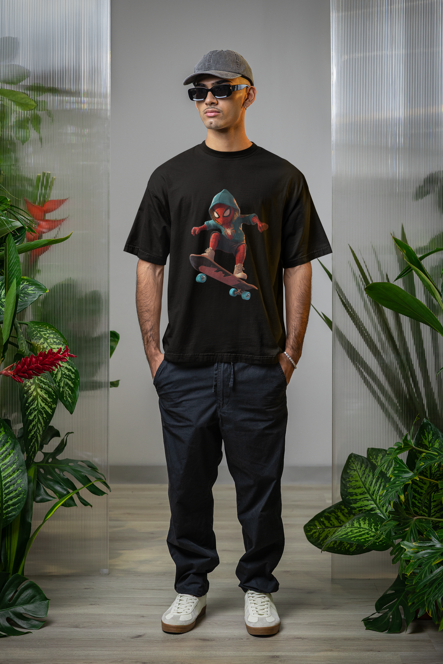 Graphic Oversized T-Shirt with Skateboarding Superhero Print