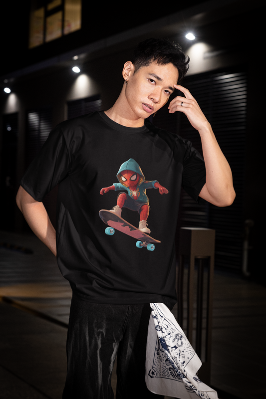Graphic Oversized T-Shirt with Skateboarding Superhero Print