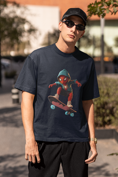 Graphic Oversized T-Shirt with Skateboarding Superhero Print