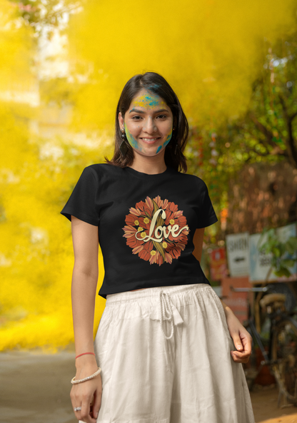 Trendy Floral "Love" Graphic Crop Top for Women